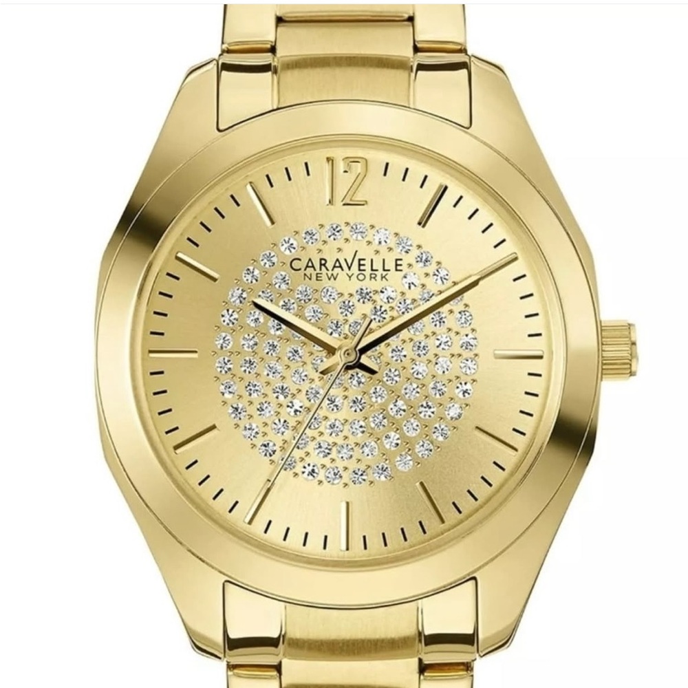 Caravelle Women's Gold Plated Stainless Steel Band Watch with Crystal Accents